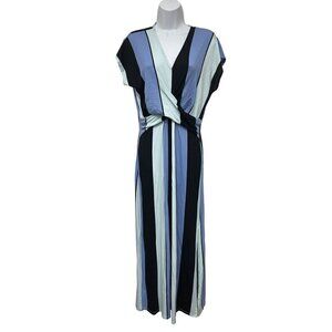 Kate & Mallory Size Medium Blue Striped‎ Maxi Dress V-Neck Crossover Detail